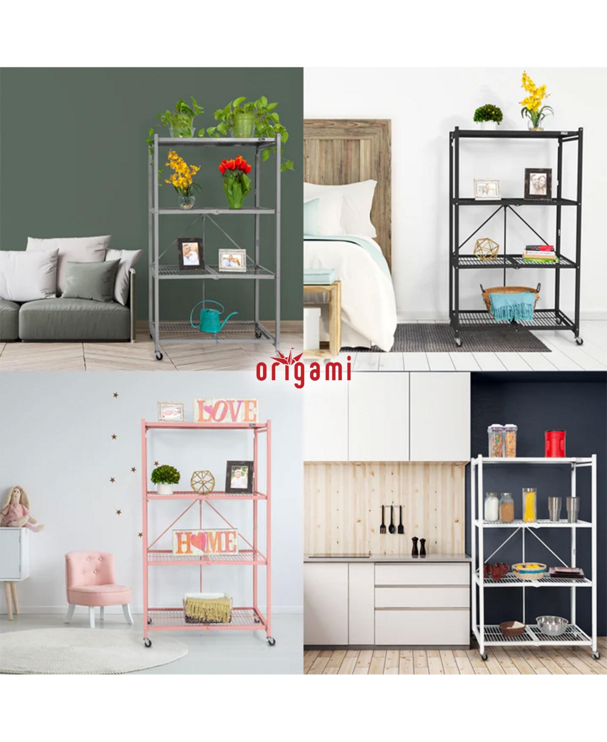 Origami R5-06W Black 4-Wheeled and 4-Shelf Folding Steel Wire Shelving Storage