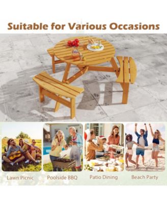 6-Person Round Picnic Table Set w/ 3 Built-in Benches 2'' Umbrella Hole