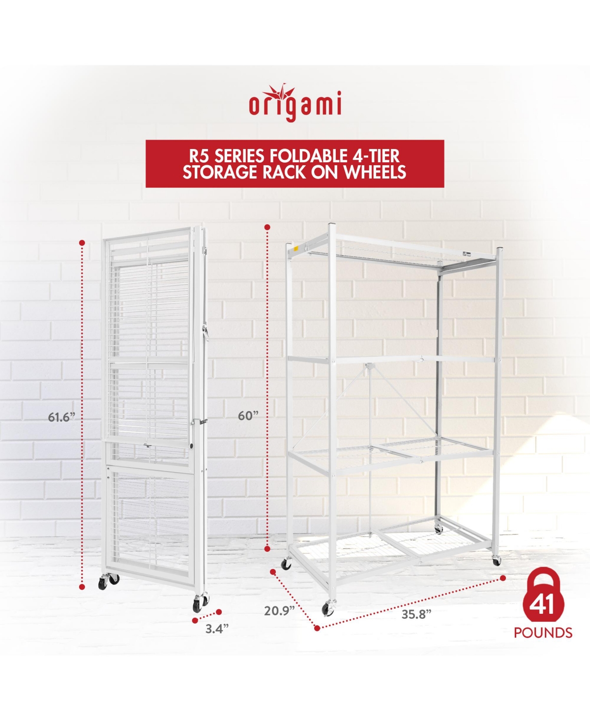 Origami Wheeled 4-Shelf Folding Steel Wire Shelving, White (21" x 36" x 60")