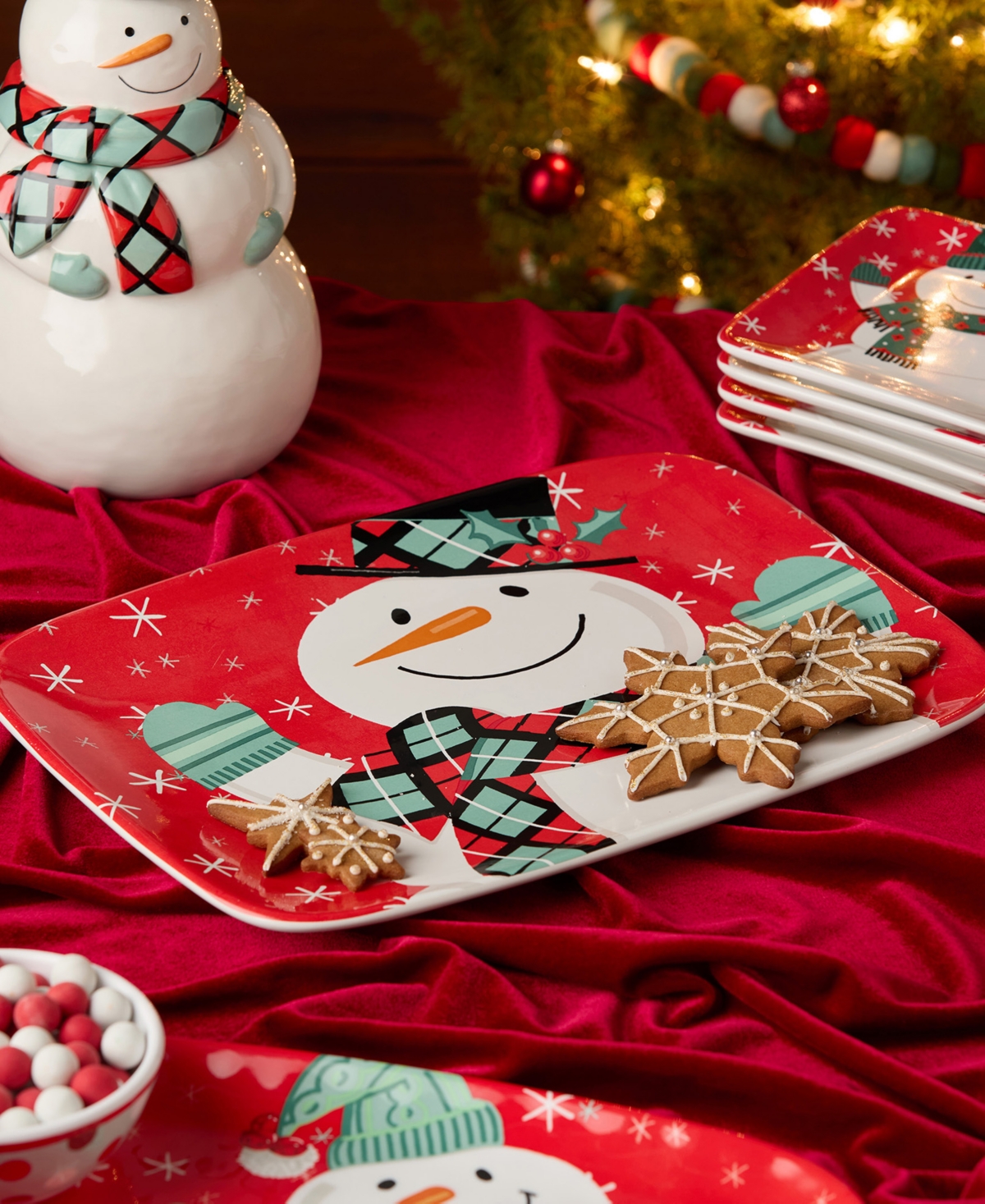 Certified International Christmas Whimsy Snowman Rectangular Platter In Red