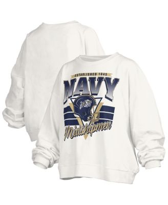 Pressbox - Women's White Navy Midshipmen Oversized Janice Retro Waist-Length Pullover Sweatshirt
