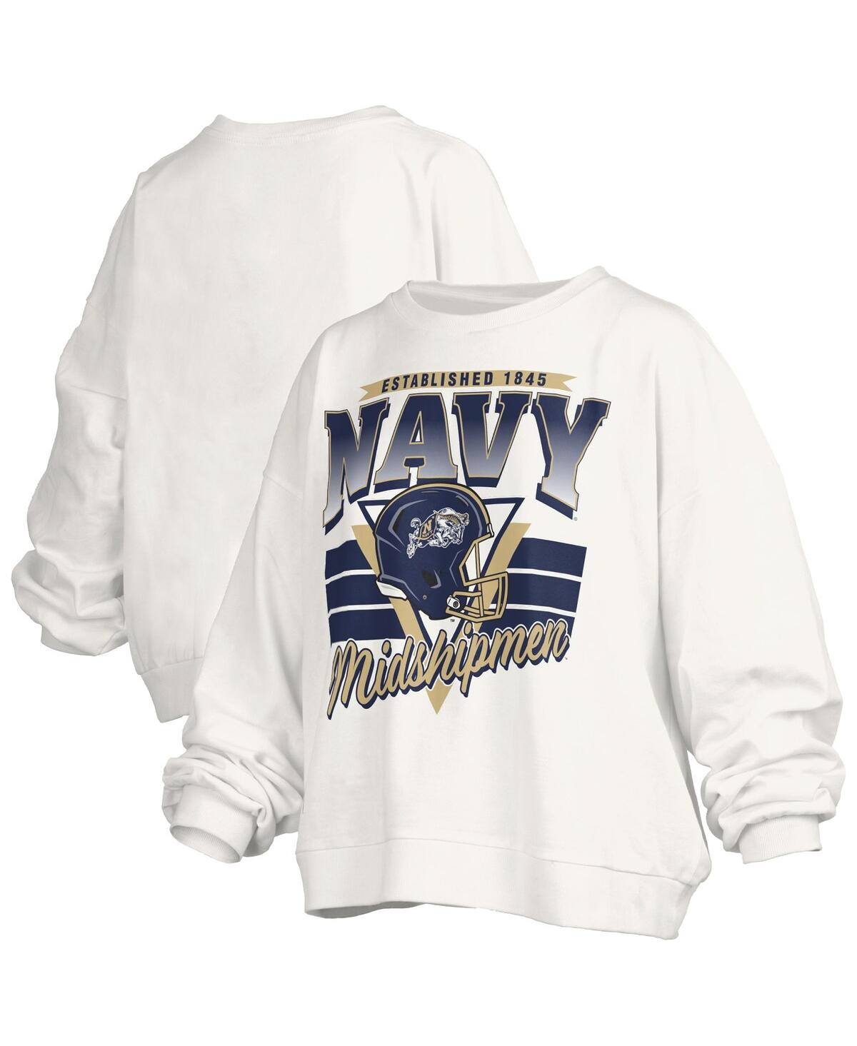 Pressbox Women's White Navy Midshipmen Oversized Janice Retro Waist-length Pullover Sweatshirt In Gray