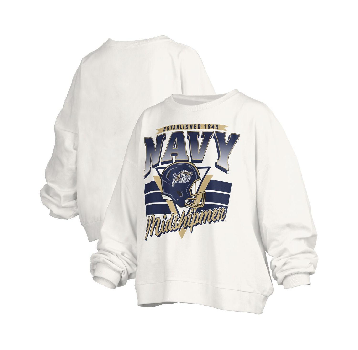 Women's White Navy Midshipmen Oversized Janice Retro Waist-Length Pullover Sweatshirt