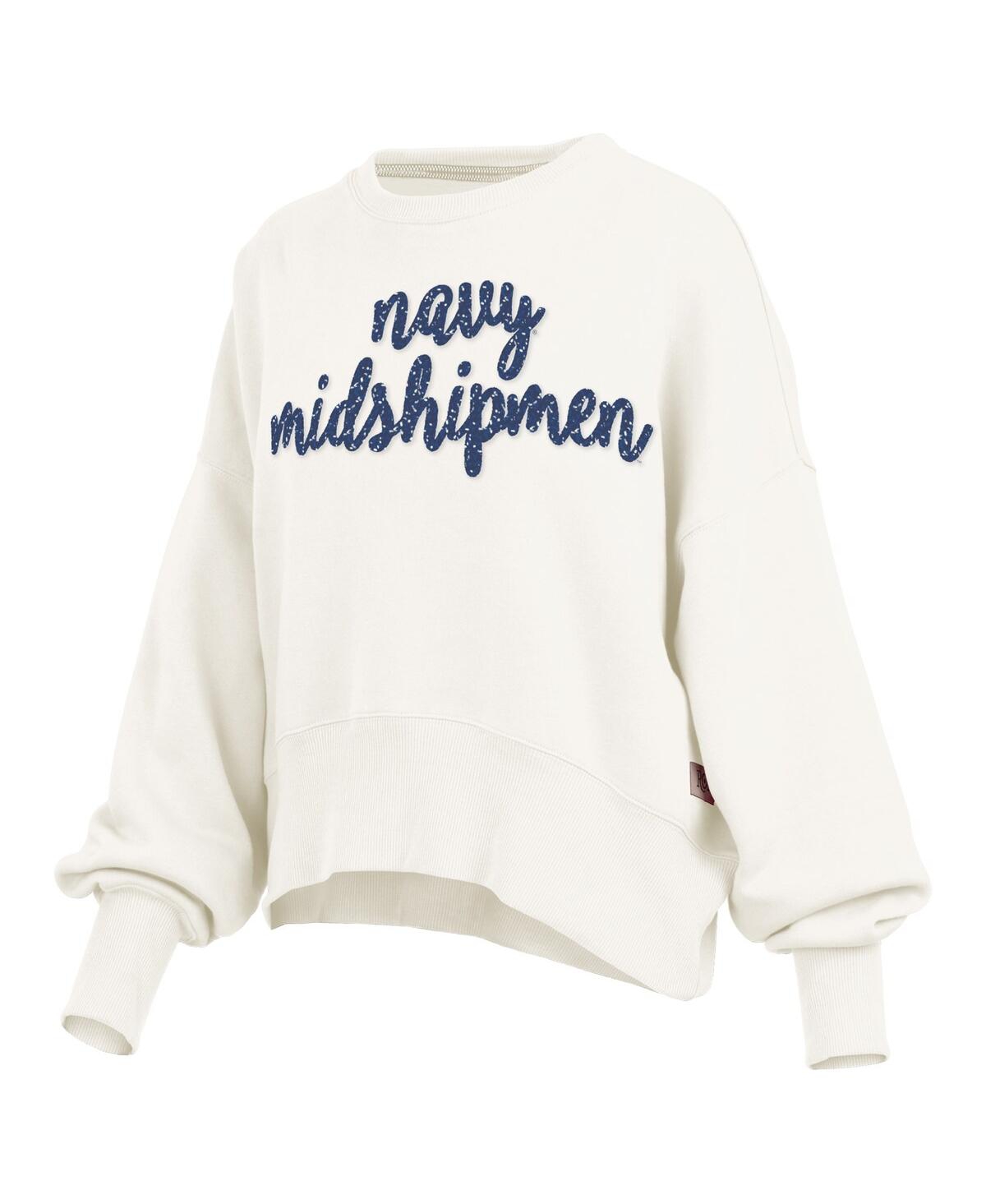 Pressbox Cream Navy Midshipmen Oversized Chelsea Waist Length Pullover Sweatshirt In White