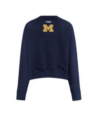 Women's Navy Michigan Wolverines Sequin Boxy Cropped Pullover Sweatshirt
