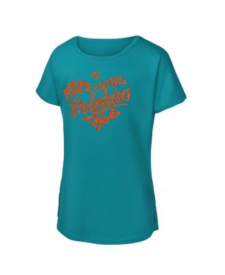 Outerstuff - Big Girls Aqua Miami Dolphins Script Heart Dolman T-Shirt