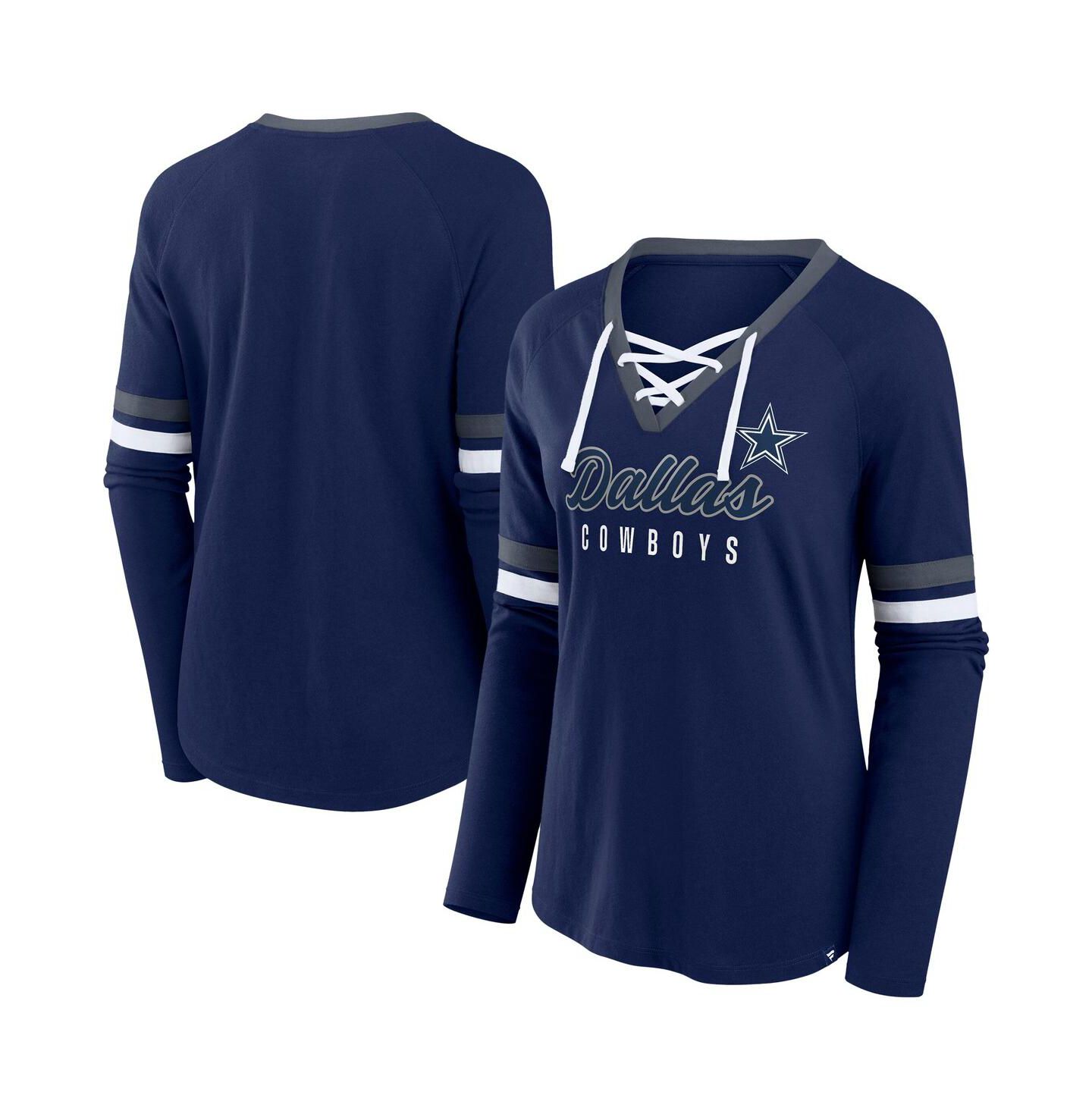 Женская футболка Fanatics Navy Dallas Cowboys Plus Size Won Done Lace-Up V-Neck Long Sleeve — фото 1