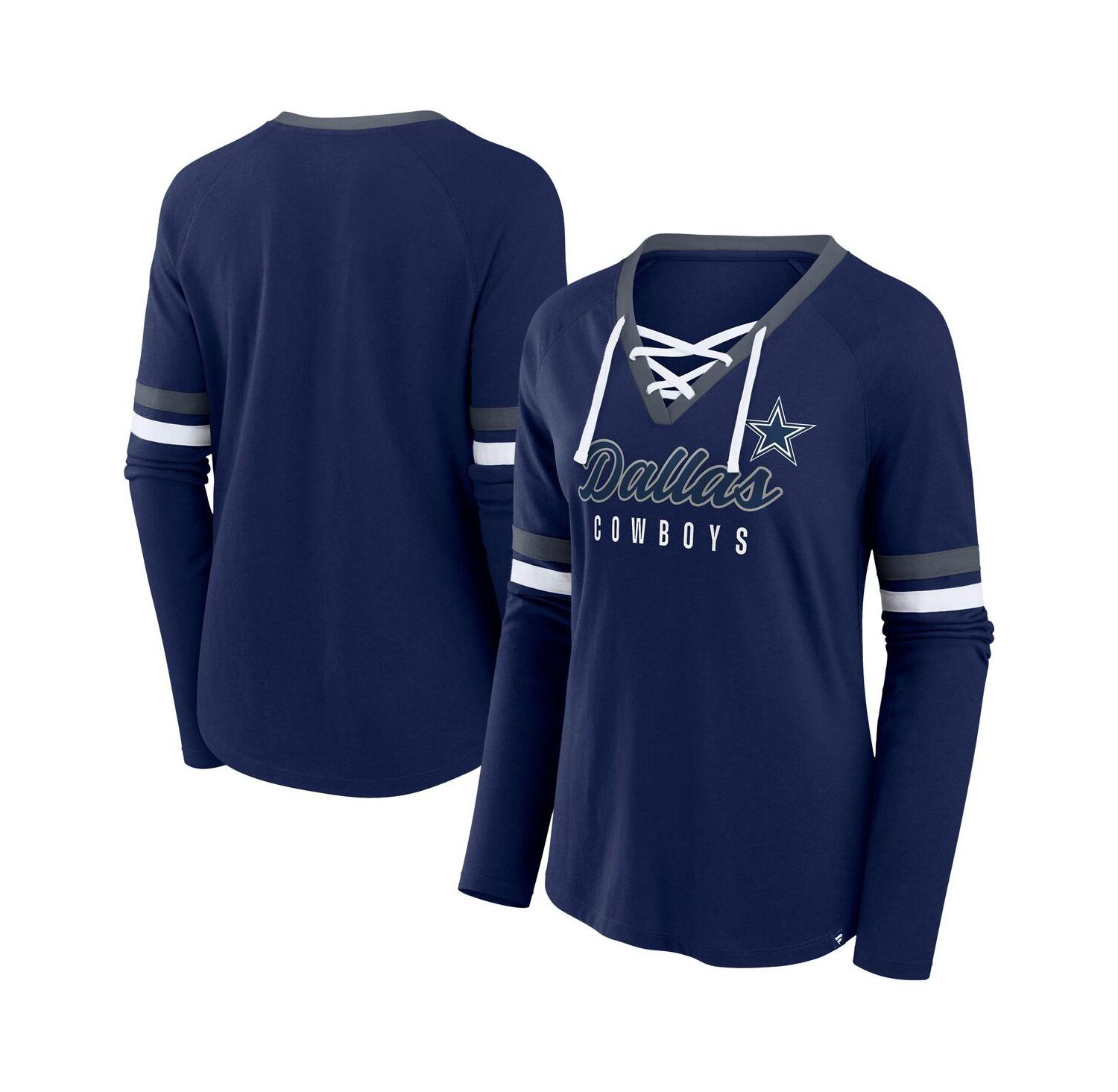 Women's Navy Dallas Cowboys Plus Size Won Done Lace-Up V-Neck Long Sleeve T-Shirt