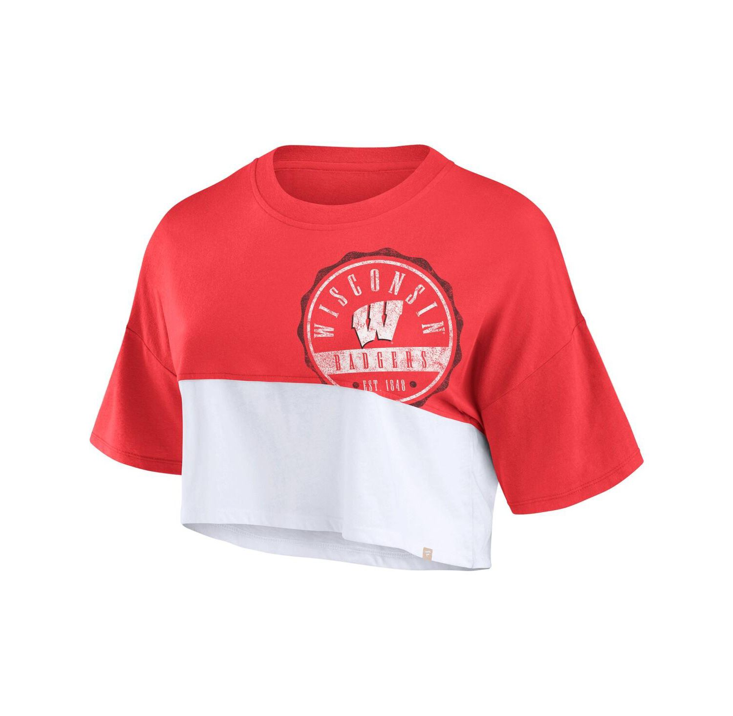 Women's Red/White Wisconsin Badgers Oversized Badge Color Block Cropped T-Shirt