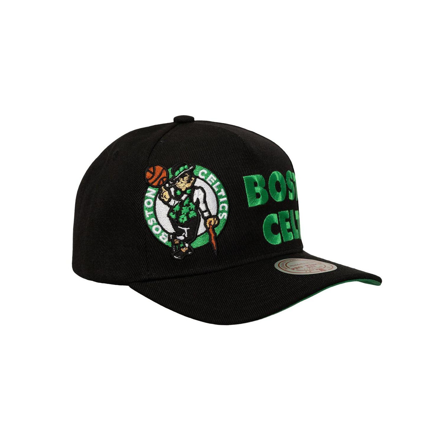 Men's Black Boston Celtics Busted Logo Wordmark Wrap-Around Pro Pinch Adjustable Hat