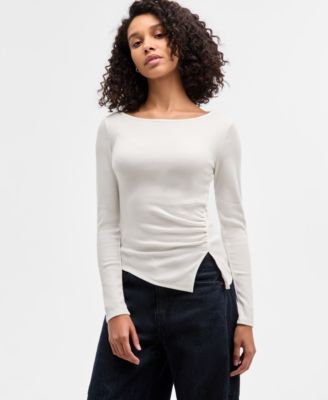 Madden Girl - Juniors' Long-Sleeve Asymmetrical Split-Neck Boat-Neck Top
