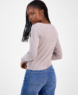 Juniors' Scoop-Neck Lace-Trim Henley 