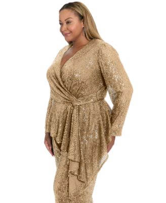 Plus Size Sequin Long Sleeve Twist Wrap Top