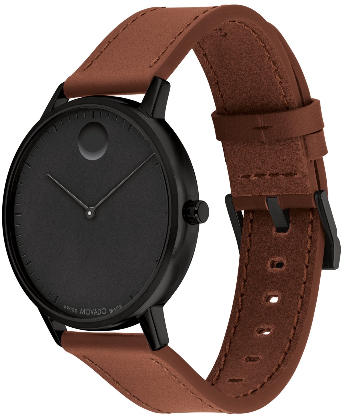Movado Unisex Face Swiss Quartz Cognac Leather Watch, 41mm In Black