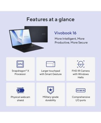 Vivobook 16 X1607 16" WUXGA Copilot+ PC Laptop, Qualcomm Snapdragon X X1-26-100 2.97GHz, 16GB RAM, 512GB SSD, Windows 11 Home, Quiet Blue