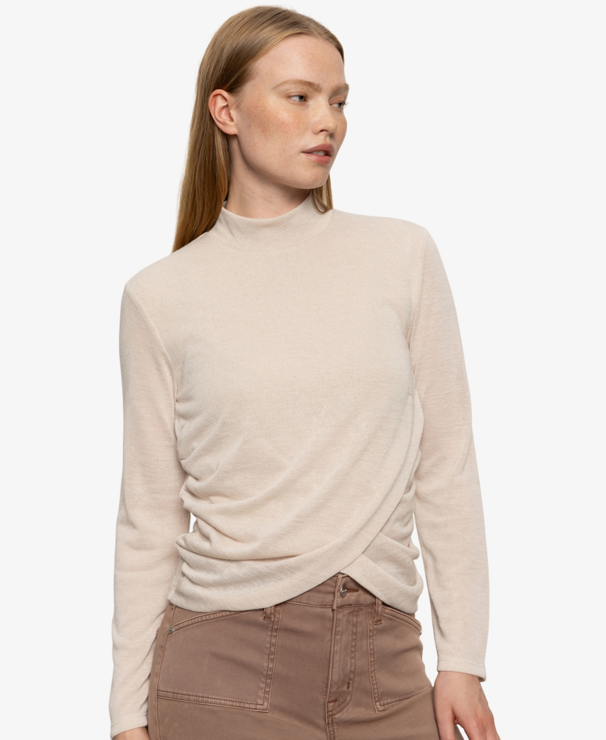 Sanctuary Long Sleeve Draped Mock Neck Top In Silver