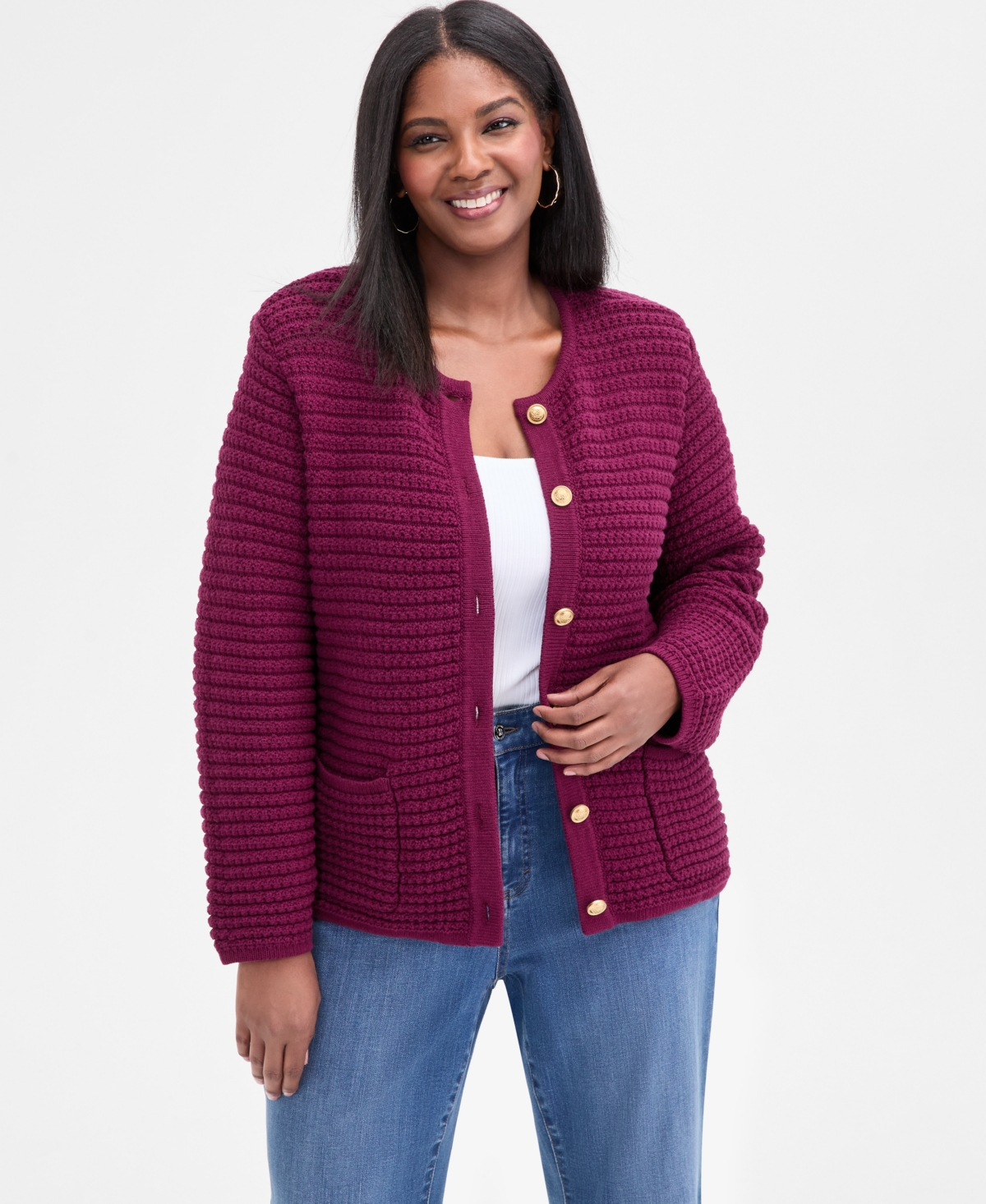 Inc International Concepts Plus Size Textured Button-front Cardigan, Macy's Exclusive In Purple