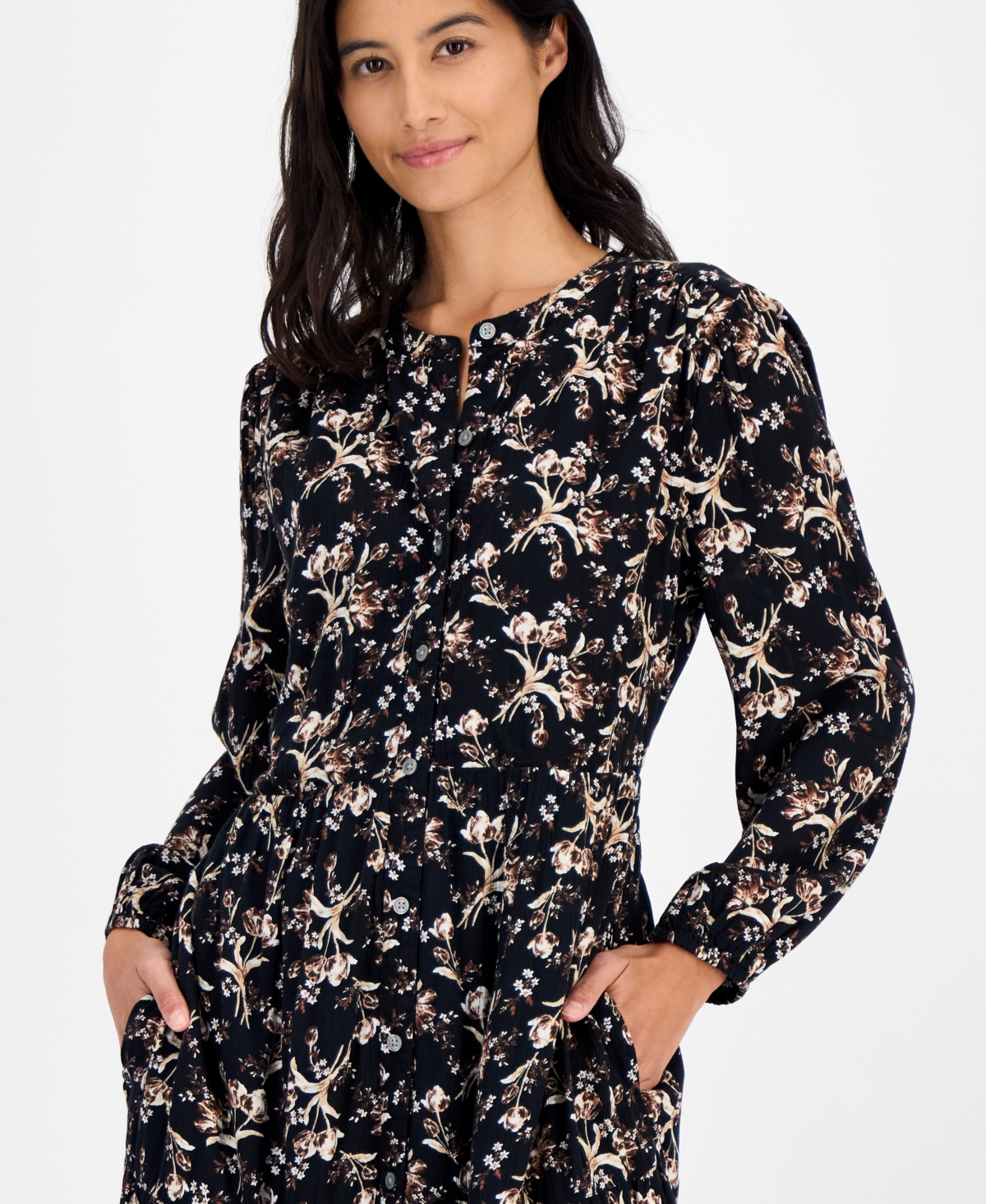 Style & Co Petite Essex Floral Tiered Button-front Dress, Macy's Exclusive In Black