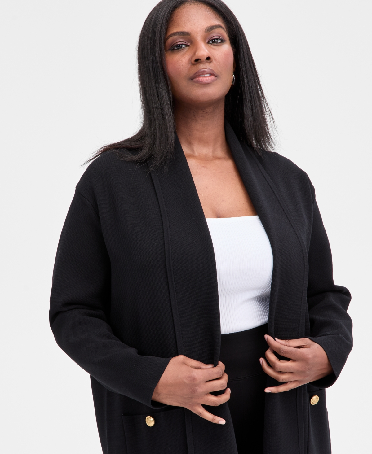 Inc International Concepts Plus Size Structured Duster Cardigan, Macy's Exclusive In Black