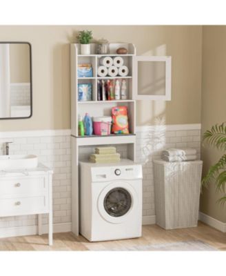 White Over The Bathroom Storage Cabinet, Freestanding Wood Space-Saving Organizer with Glass Door & Adjustable Shelves