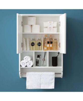 23x32" White Bathroom Wall Cabinet with Towel Bar & Adjustable Shelves - Over Storage for Bath, Kitchen, Laundry