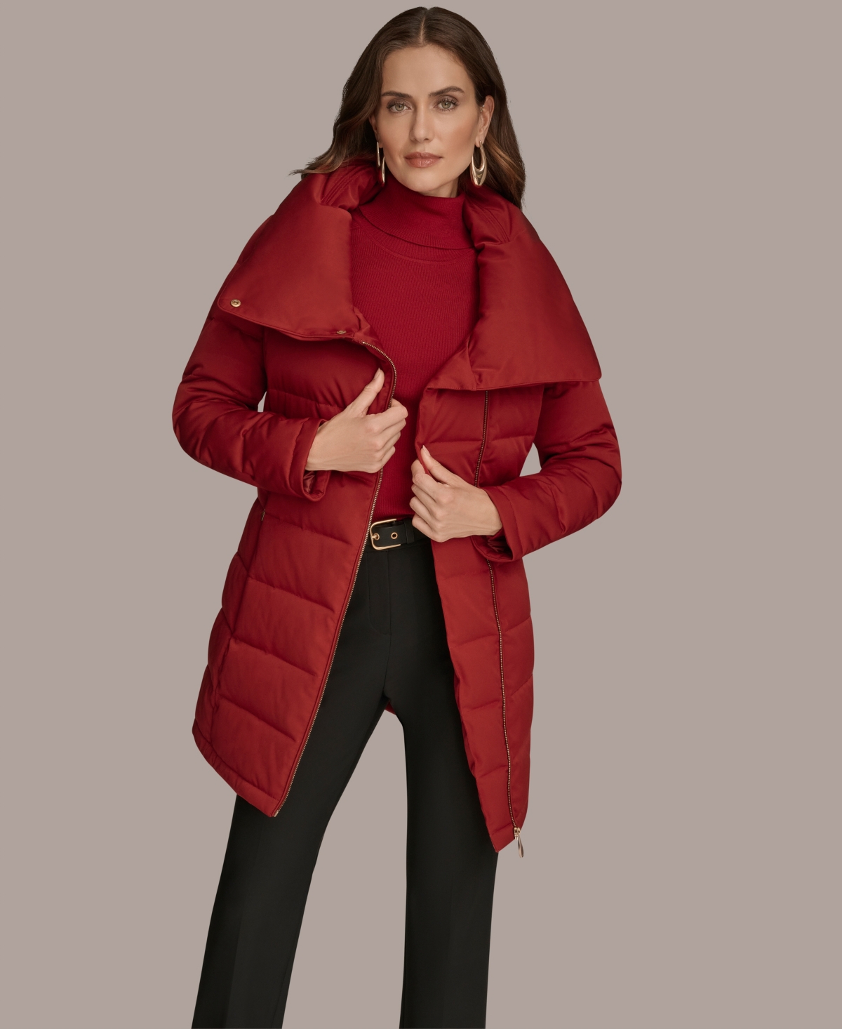 Donna Karan Women's Belted Asymmetric Puffer Coat In Red