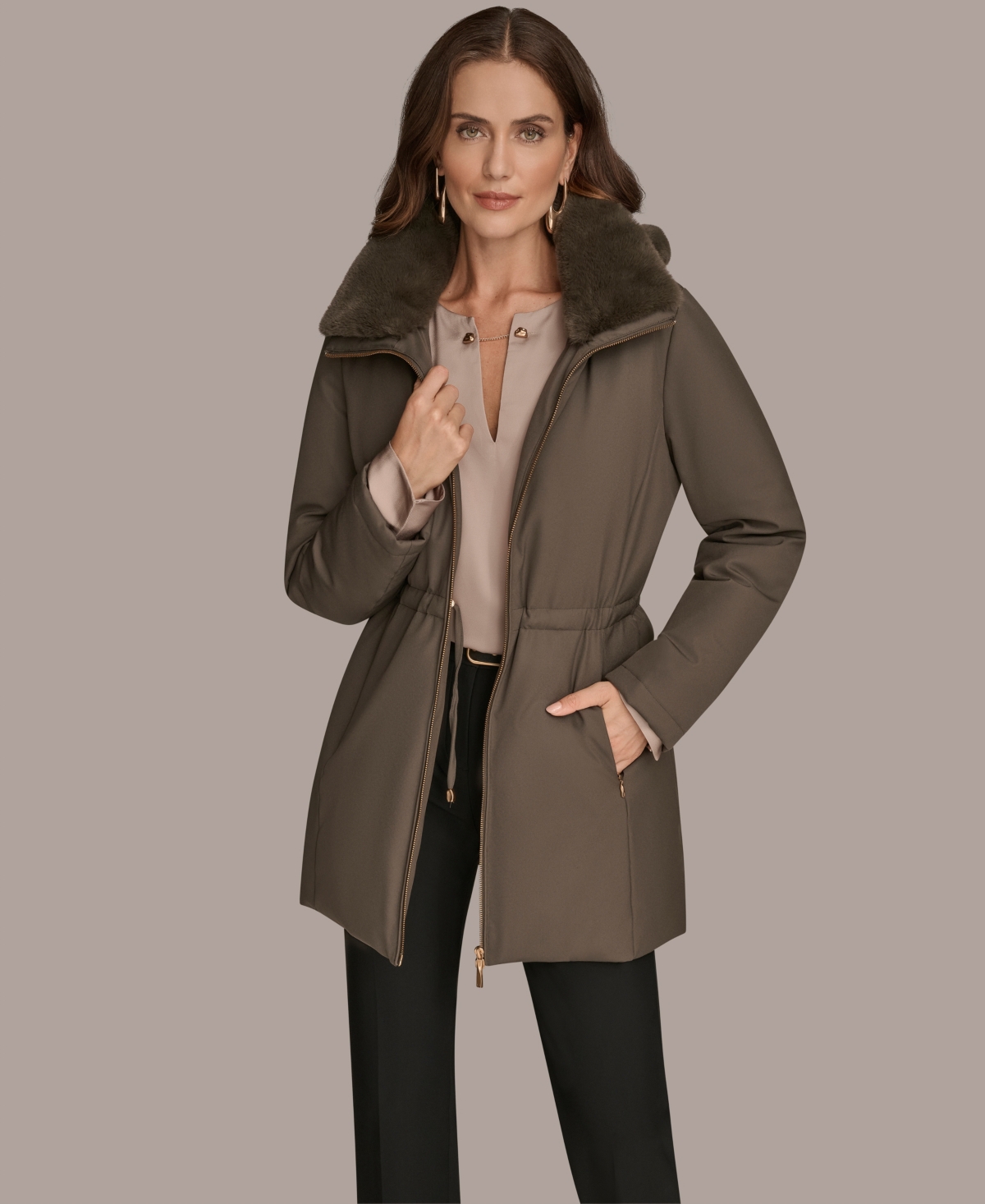 Donna Karan Women's Faux-fur-collar Short Puffer Coat In Brown