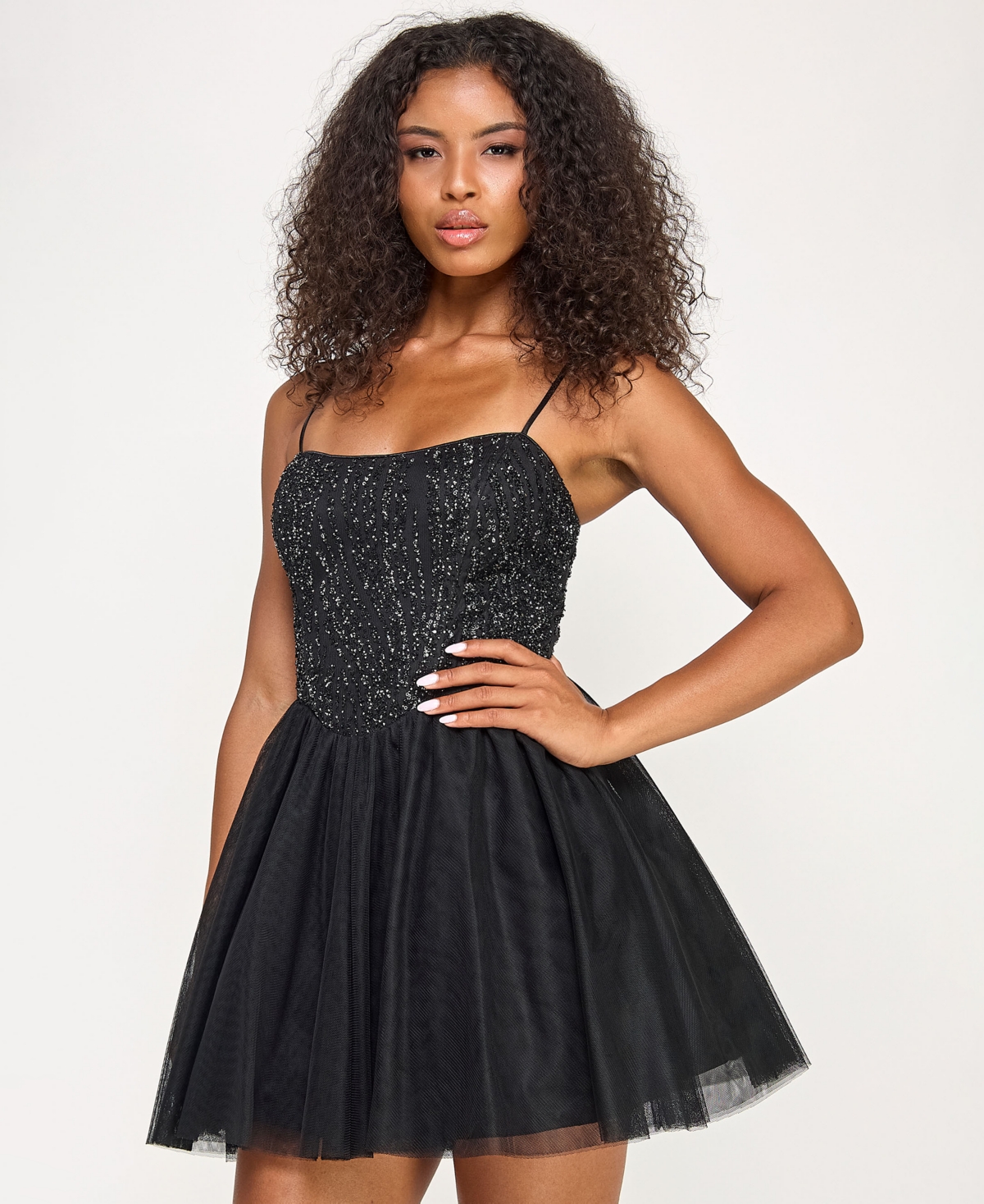 Seni & Cade Juniors' Sequin Top Tulle Bottom Short Dress In Black