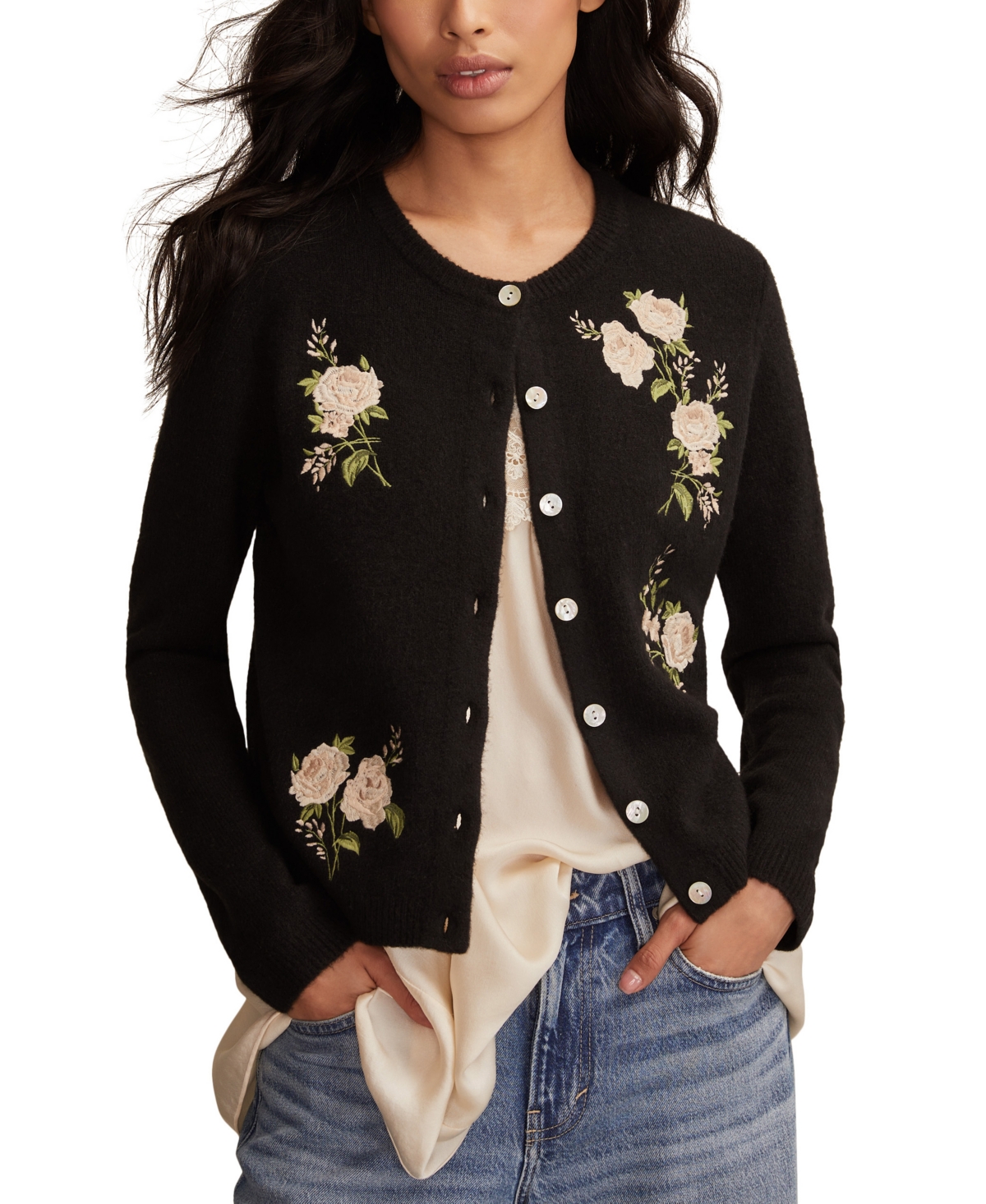 Lucky Brand Women's Cloud Soft Embroidered Crewneck Cardigan In Black