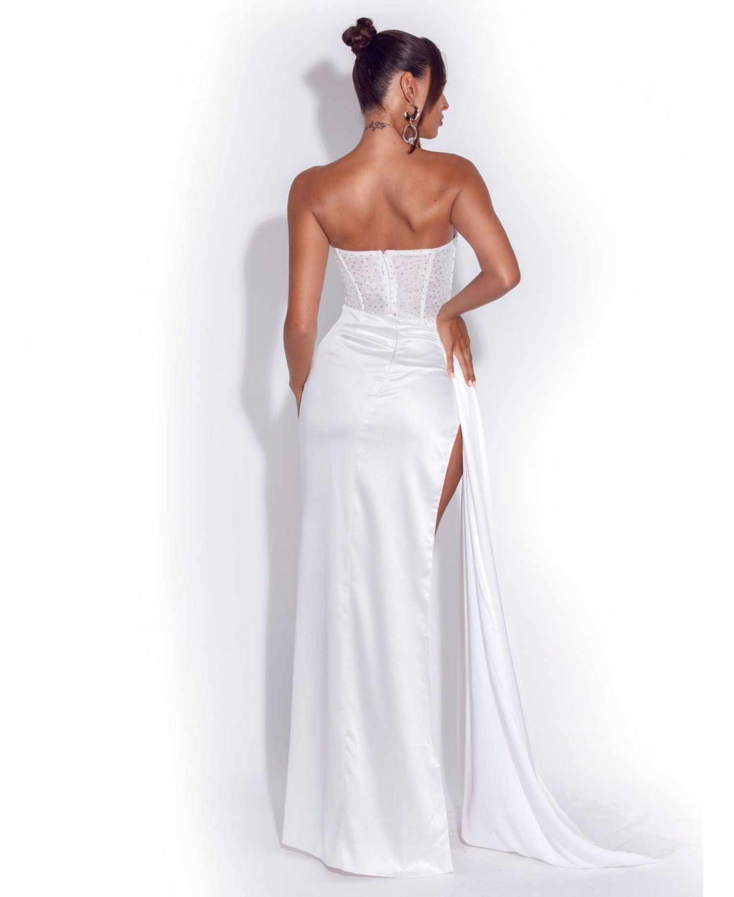 Women Holly White Crystallized Corset High Slit Satin Gown