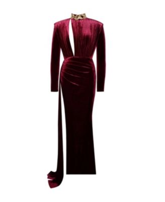 Women Zenaida Burgundy Cutout High Slit Velvet Gown