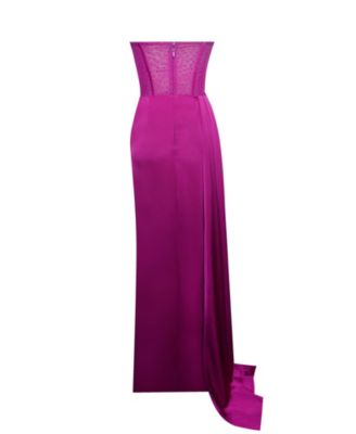Women Holly Fuchsia Crystallized Corset High Slit Satin Gown