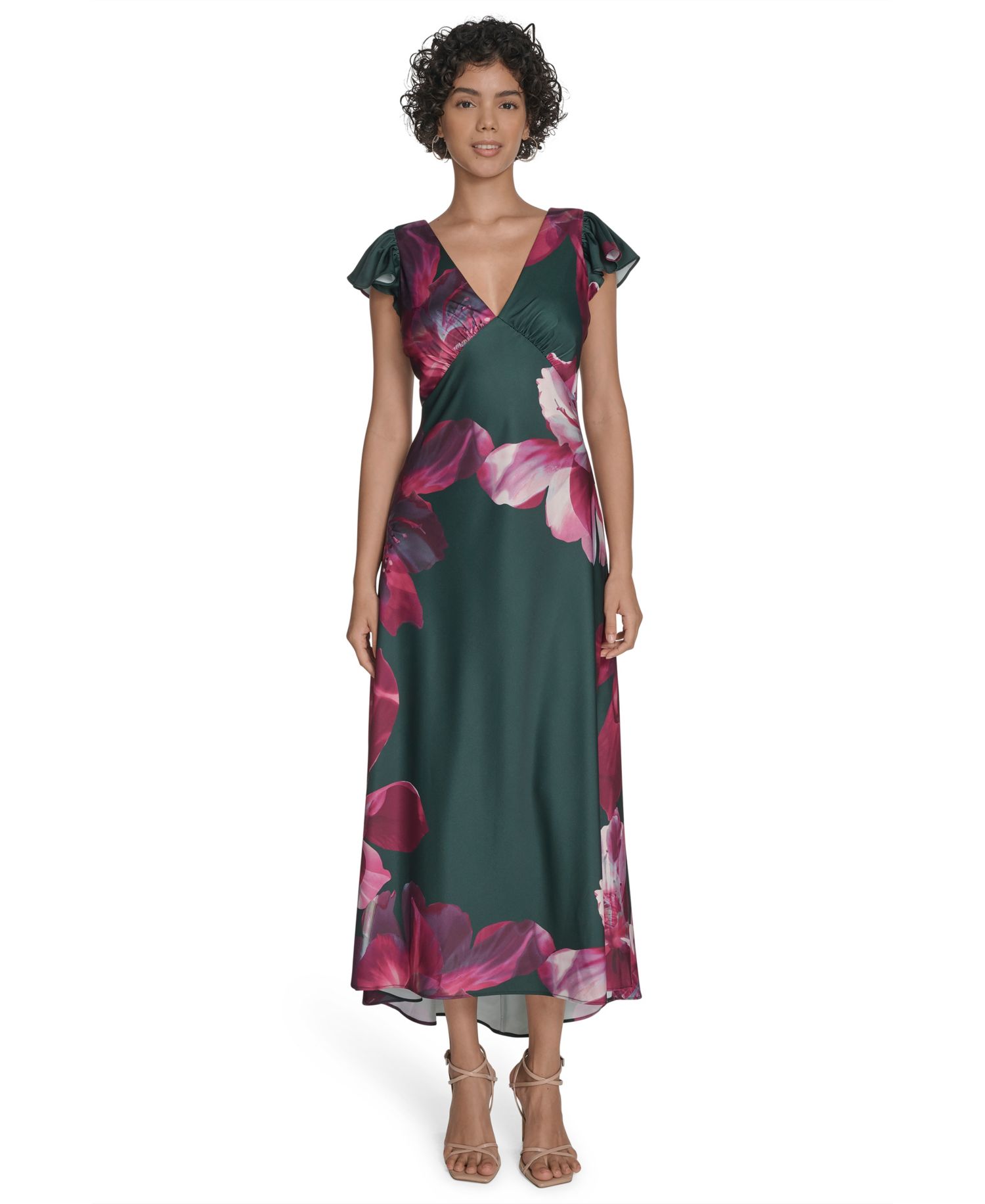 Women's Flutter Sleeve Satin Midi Dress