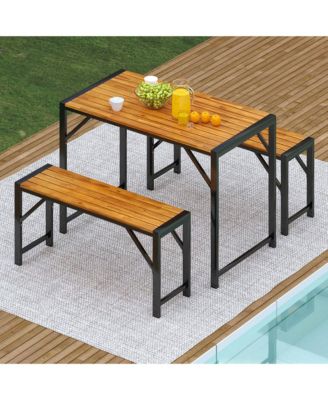 3 PCS Dining Set for 4 People Outdoor Picnic Table & 2 Benches w/ Metal Frame