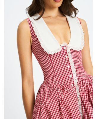Women's Nala Red Gingham Eyelet Lace Trim Peterpan Collar Mini Dress