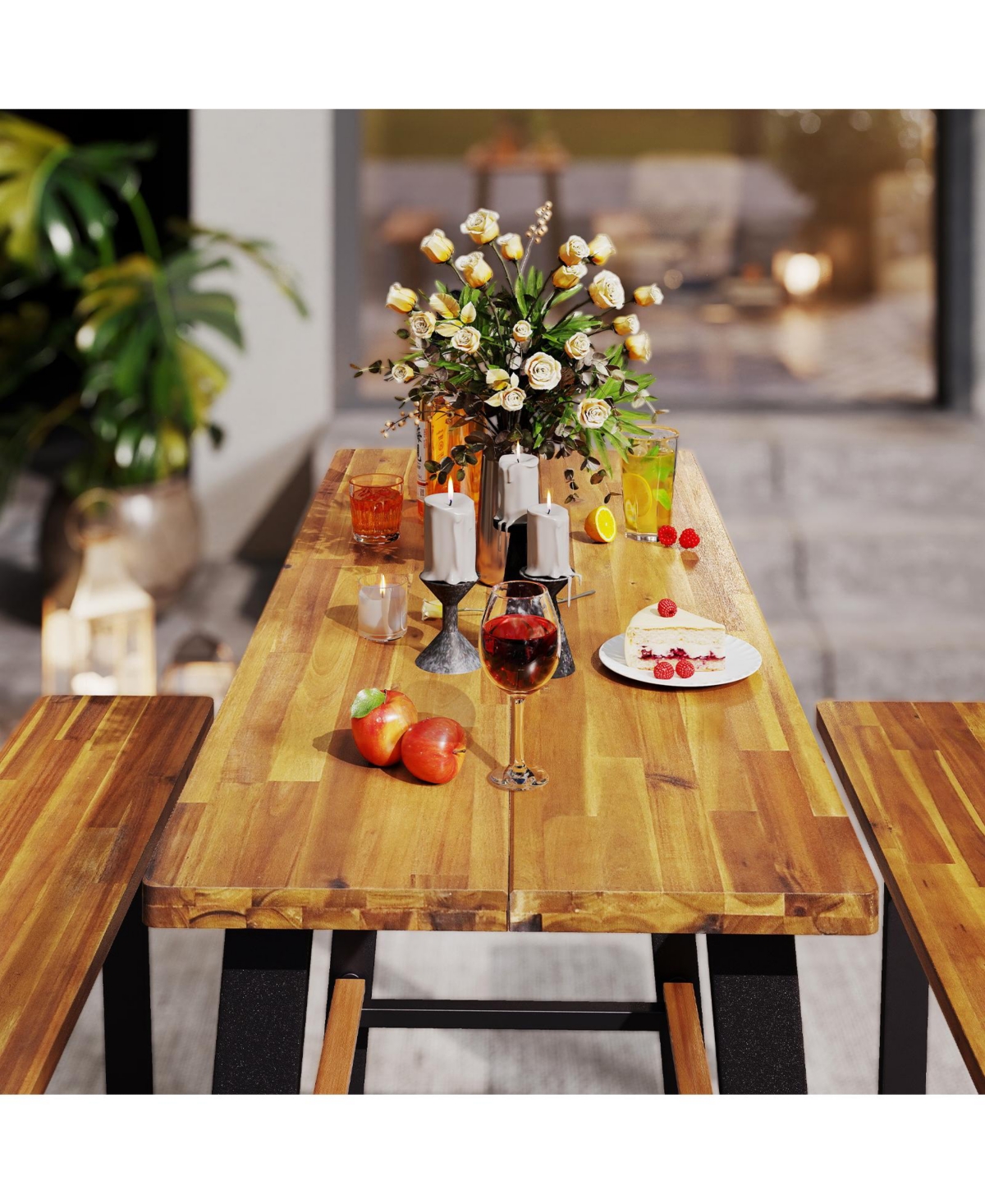 Gymax Outdoor Picnic Table for 4 Acacia Wood Rectangular Picnic Table w/ 2 Built-in Benches