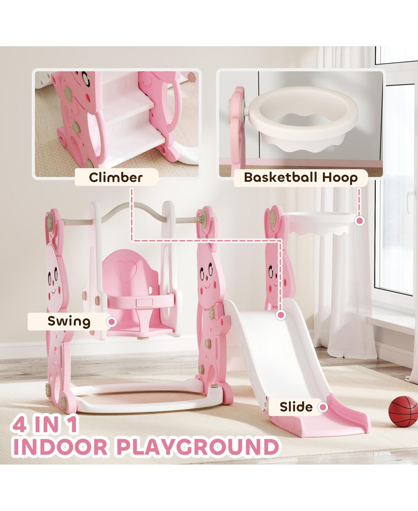 Детские игрушки Qaba 4-in-1 Toddler Slide and Swing Set with Climber and Basketball Hoop, Ages 18 Months+, цвет: Розовый — фото 5