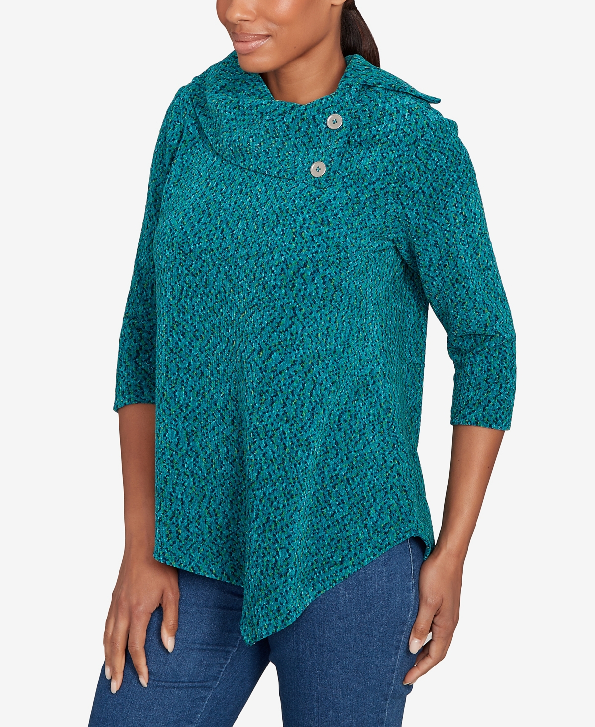 Ruby Rd. Petite Spacedye Chenille Split Cowl Neck Top In Green
