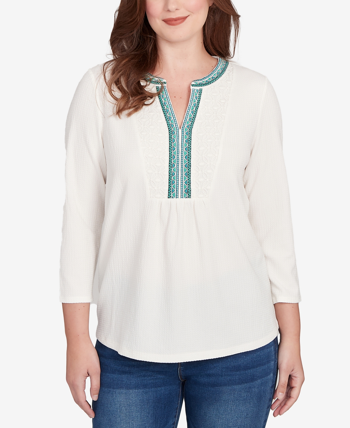 Ruby Rd. Petite Embellished Textured Split Neck Top In White