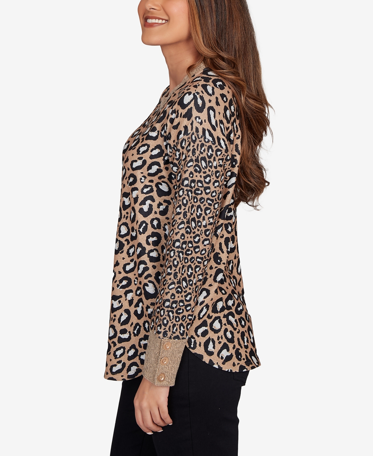 Ruby Rd. Petite Trimmed Cozy Animal Print Sweater In Brown