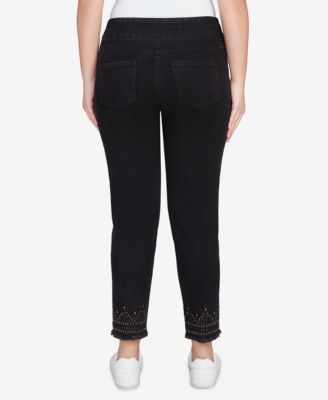 Petite Pull On Embroidered Hem Black Ankle Jeans