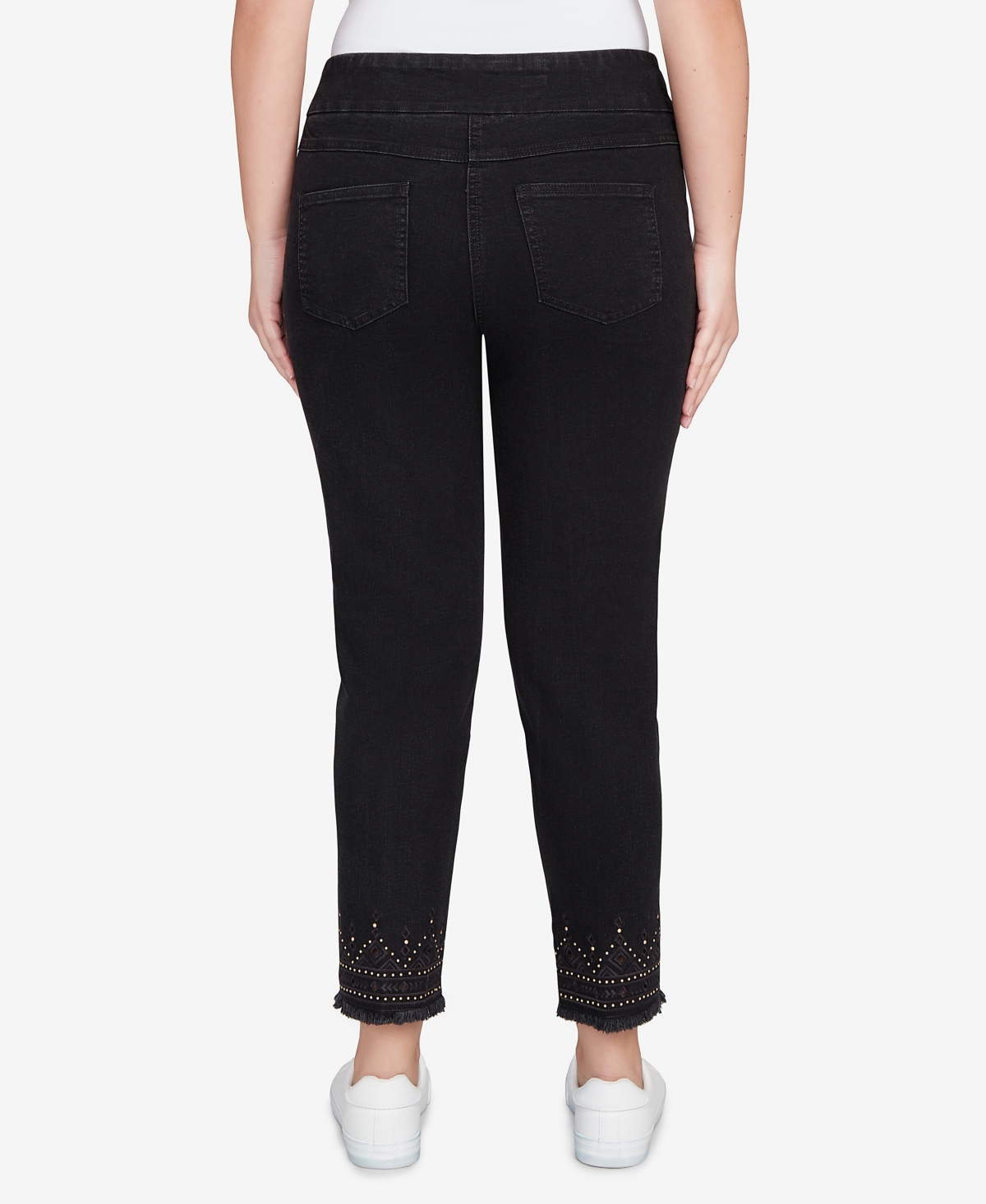 Ruby Rd. Petite Pull On Embroidered Hem Black Ankle Jeans In Black