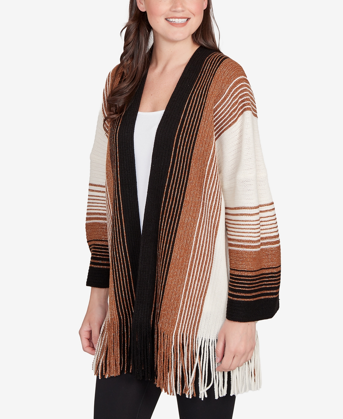 Ruby Rd. Petite Open Fringed Stripe Cardigan Sweater In Brown