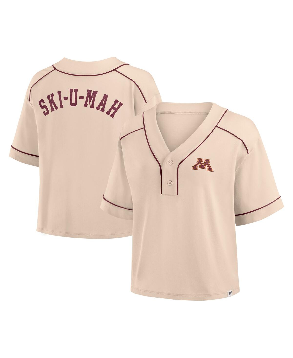Fanatics Women's Tan Minnesota Golden Gophers Oversized Dominant Force Cropped V-neck T-shirt In Brown