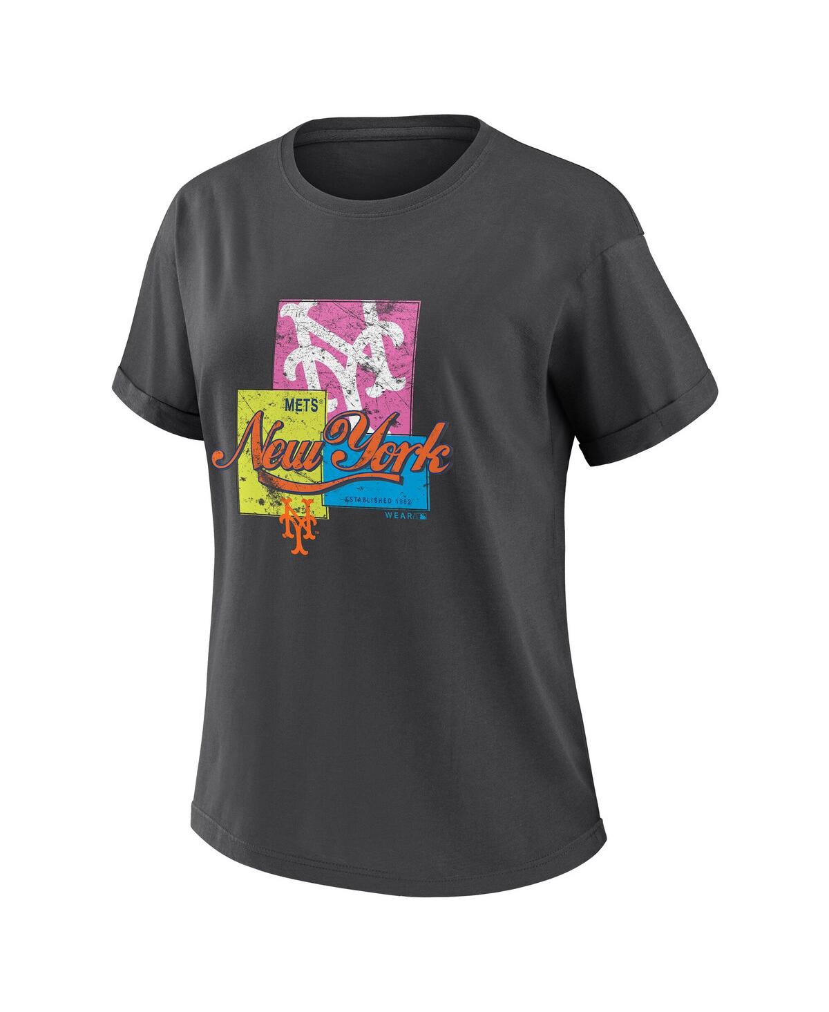 Wear By Erin Andrews Women's Charcoal New York Mets Domestic Box Color Boyfriend T-shirt In Black