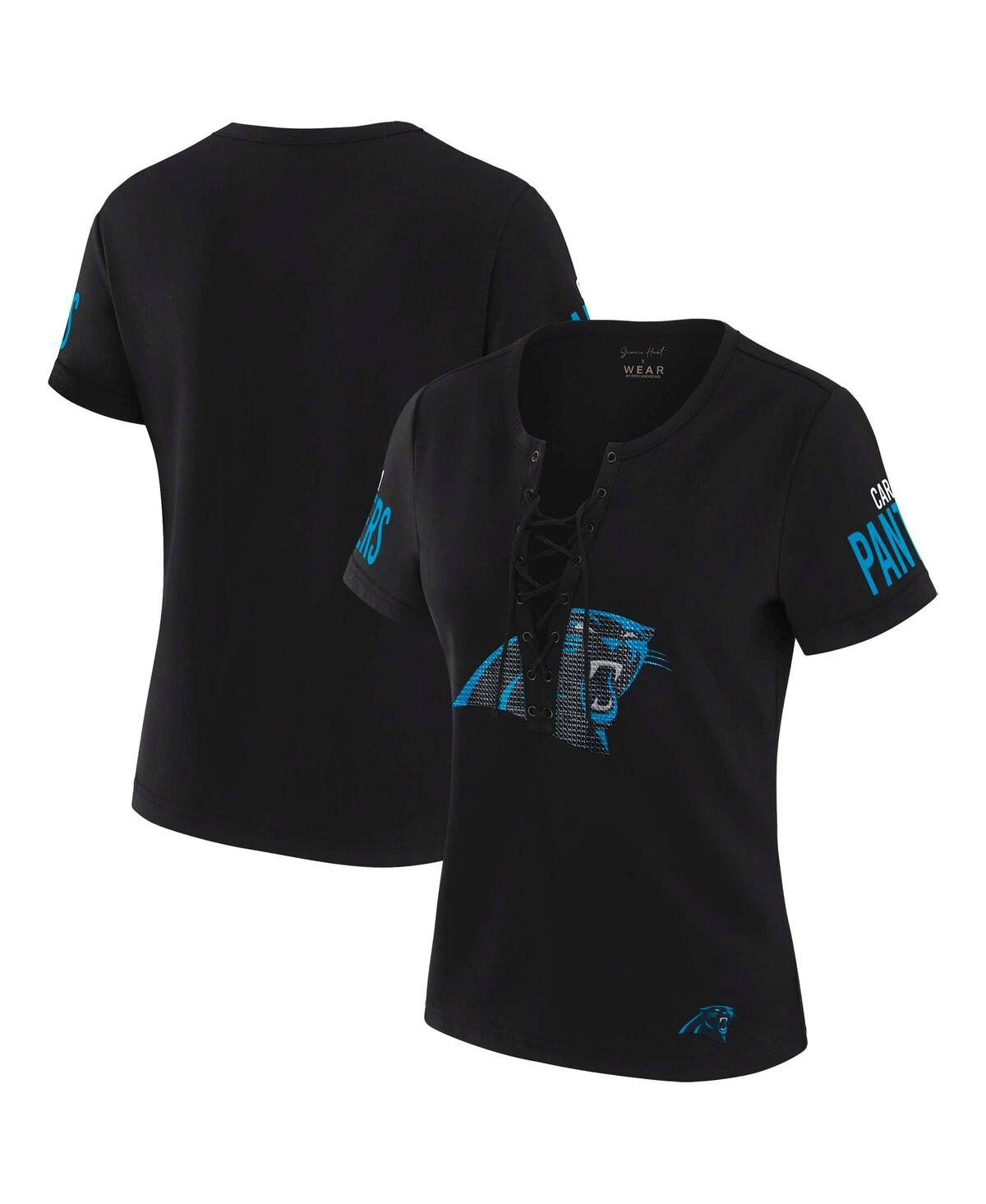 Wear By Erin Andrews X Gracie Hunt Black Carolina Panthers Draft Me Lace-up T-shirt In Black