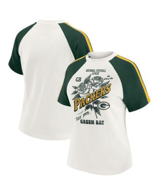 WEAR by Erin Andrews - Women's White Green Bay Packers Sleeve Stripe Distressed Raglan T-Shirt