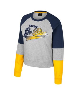 Women's Heather Gray Michigan Wolverines Katinka Rhinestone Scoop Neck Pullover Sweatshirt