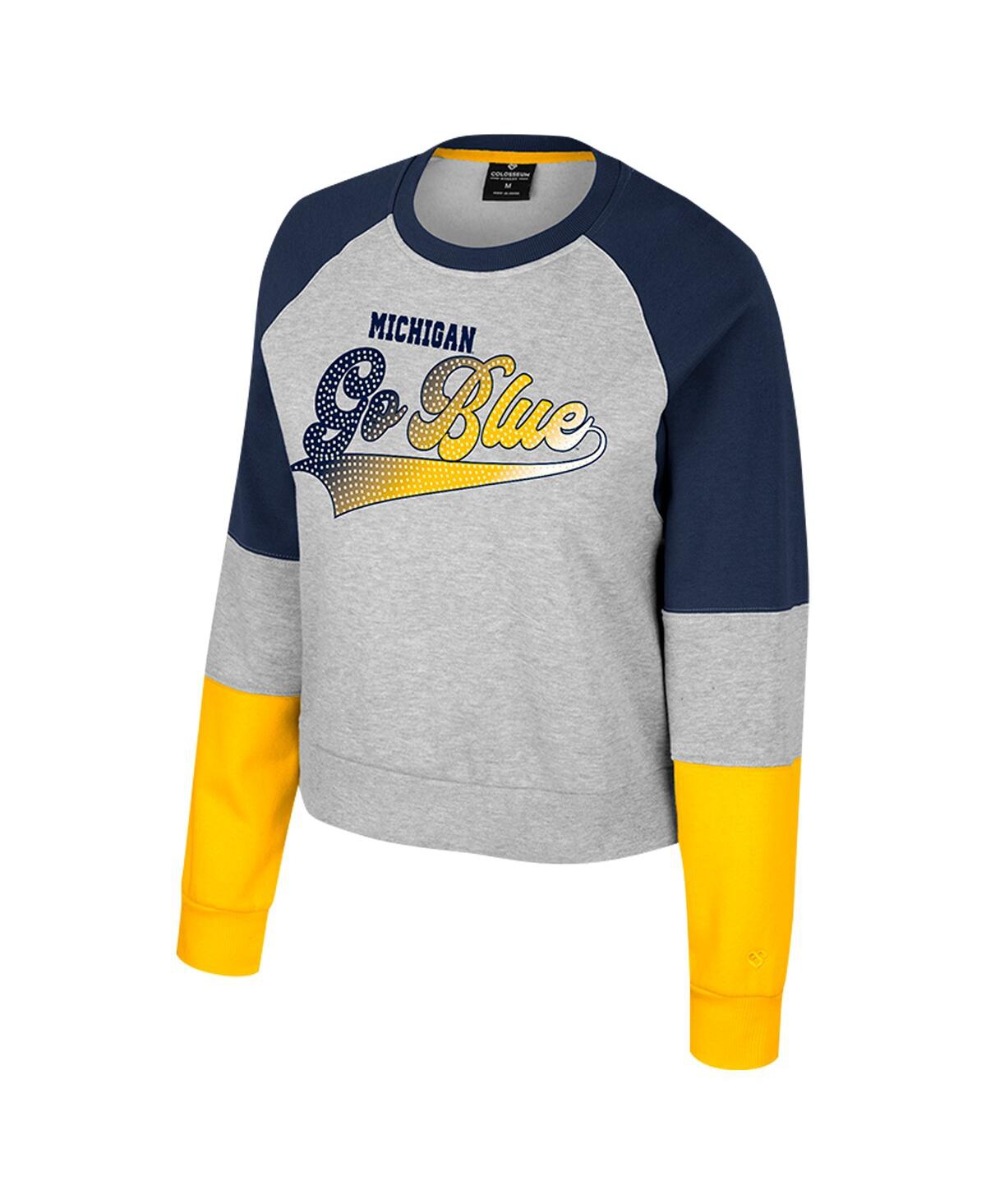 Colosseum Women's Heather Gray Michigan Wolverines Katinka Rhinestone Scoop Neck Pullover Sweatshirt In Multi