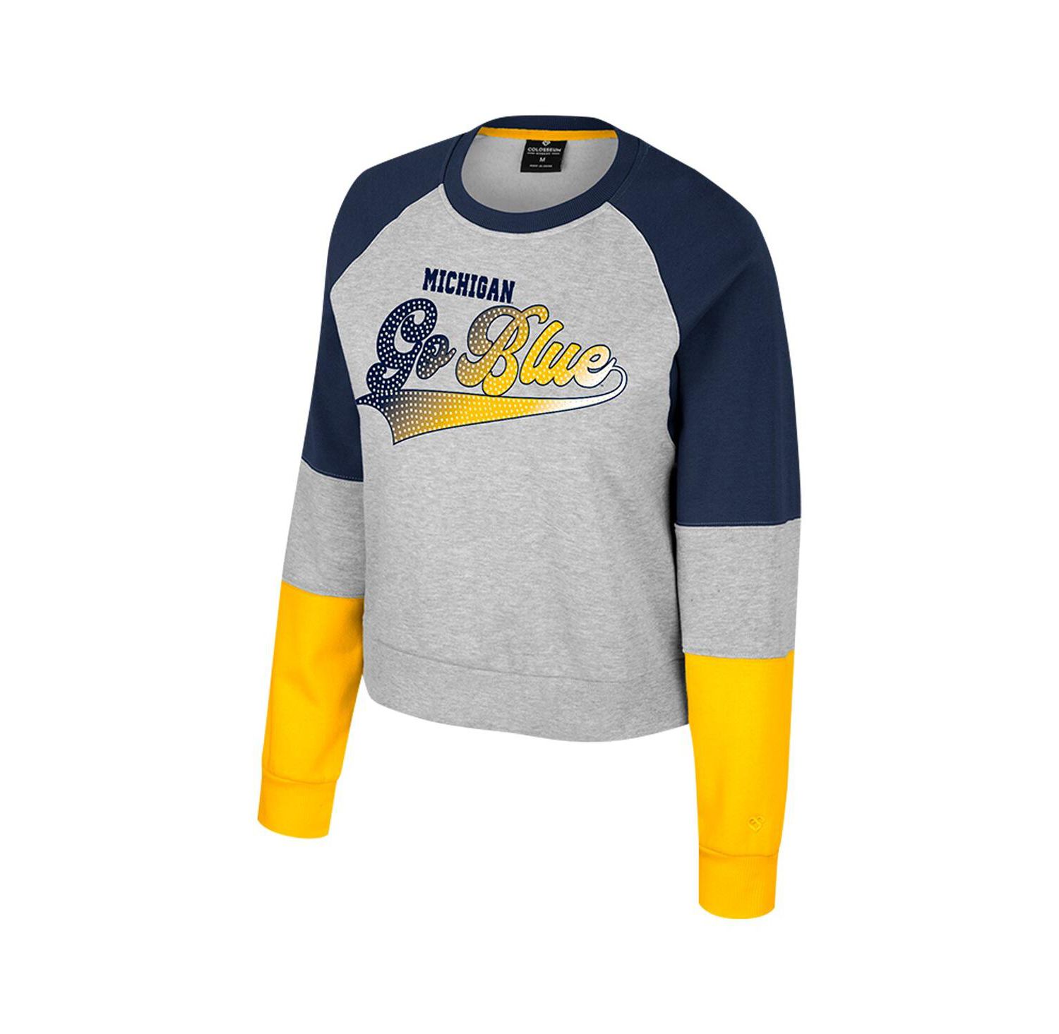 Women's Heather Gray Michigan Wolverines Katinka Rhinestone Scoop Neck Pullover Sweatshirt